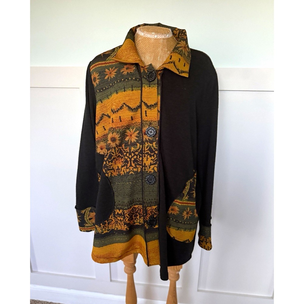 Ali Miles Button Front Sweater top Large Black Southwest western Aztec artsy